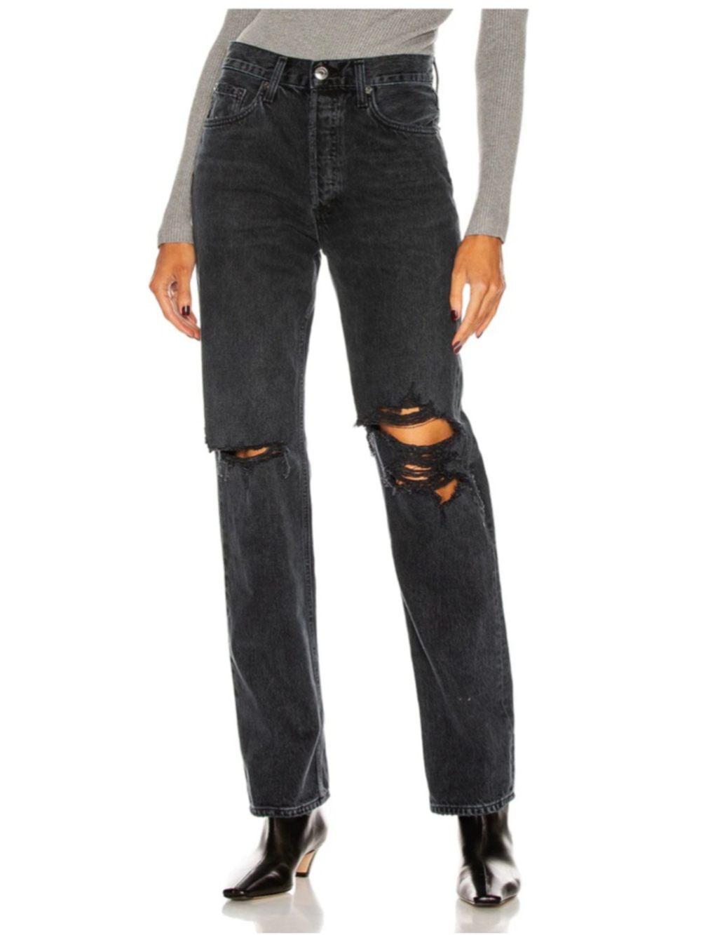 AGOLDE Lana Mid Rise Vintage Straight Jeans Disorder Black Distressed size 29